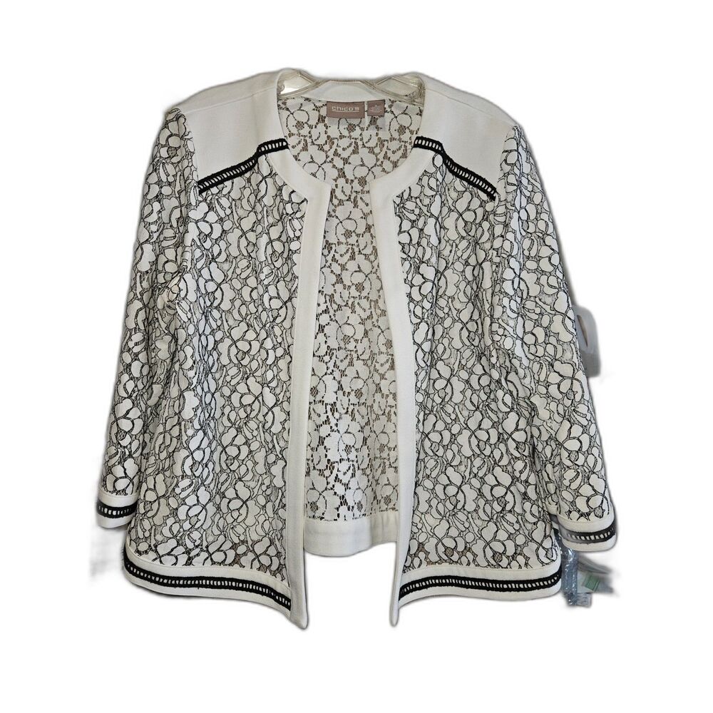 CHICO'S Black and White Floral Lace Sheer Open Front Jacket Medium